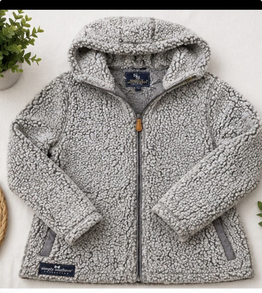 Simply Southern Sherpa Fleece Hooded Zip Jacket Gray Women’s Large